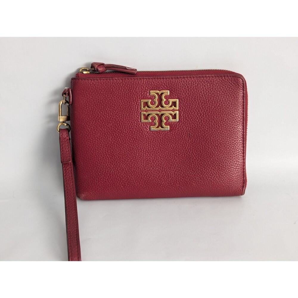 Tory Burch Red Leather Logo Clutch Britten Large Pebbled Zip Pouch Wristlet
